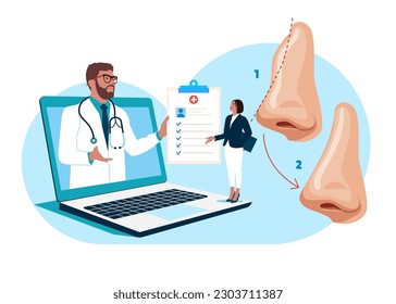 Cirujano plástico en línea, haciendo corrección cosmética médica с consultar con un paciente. Corrección de la nariz, cambio de la forma nasal durante la cirugía de rinoplastia. Diagnósticos del Hospital Médico de Internet.