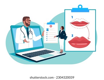 Online-Plastikchirurgen, die medizinische kosmetische Korrektur с konsultieren mit einem Patienten. Korrektur des Augmentation Volume Lip, Änderung der Lip-Form während der Rhinoplastik. Flache Vektorgrafik