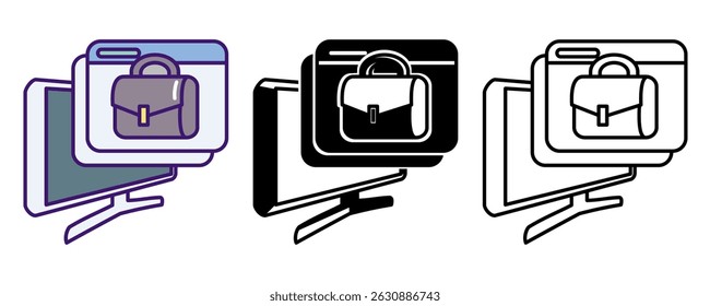 Online Platform icon represented by computer, web pop up, work bag Line, Filled, Color style.