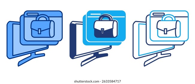 Online Platform icon represented by computer, web pop up, work bag Blue, Dualline, Dualtone style.