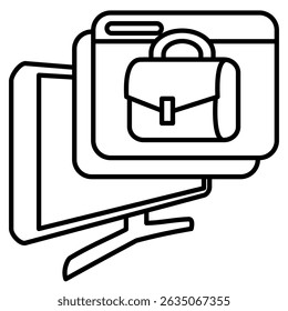 Icono de plataforma en línea representado por computadora, Web emergente, bolso de trabajo Estilo de línea.