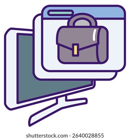Online Platform icon represented by computer, web pop up, work bag Lineal Color style.