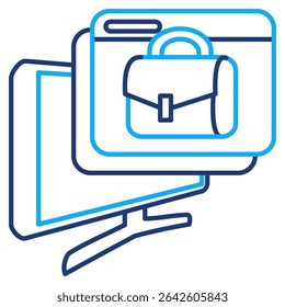 Icono de plataforma en línea representado por computadora, Web pop-up, bolso de trabajo estilo Dual Line.