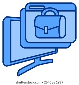 Icono de plataforma en línea representado por computadora, Web pop-up, bolso de trabajo estilo azul.