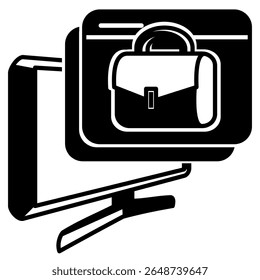 Online Platform icon represented by computer, web pop up, work bag Black Filled style.