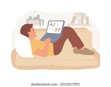 Online platform isolated cartoon vector illustrations. Young boy learning languages online, vocabulary on the laptop screen, virtual education, self-development process vector cartoon.