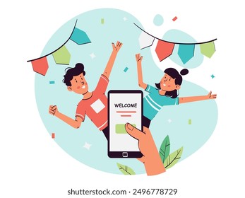 Online Platform sign up and registers activity. welcome to application concept illustration.