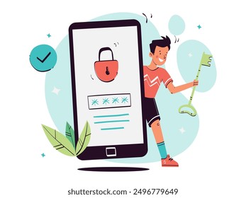 Online Platform sign up and registers activity. Unlock Password vector concept illustration.