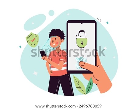 Online Platform sign up and registers activity. biometric sign-up vector concept illustration. face id and fingerprint.