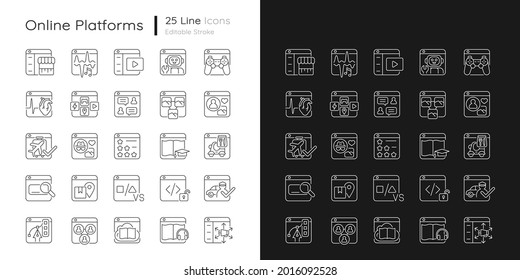 Plataformas en línea iconos lineales establecidos para el modo oscuro y luminoso. Comercio electrónico. Música digital. Redes sociales. Símbolos de línea delgada personalizables. Ilustraciones aisladas del contorno vectorial. Trazo editable