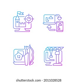 Online playing gradient linear vector icons set. Users have special role in scenario. Thin line contour symbols bundle. Isolated vector outline illustrations collection