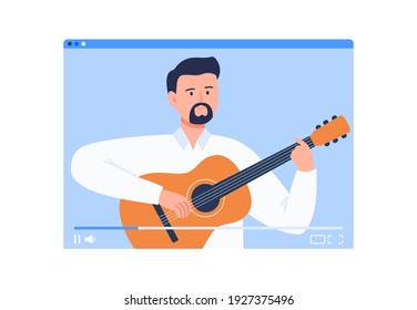Online playing guitar learning. Video tutorial from professionals, bloggers. Online education, e-learning, studying at home. Vector flat illustration.