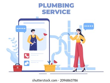 Online Plumbing Service with Plumber Workers Repair, Maintenance Fix Home and Cleaning Bathroom Equipment in Flat Background Illustration