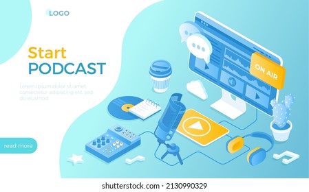 Online podcast, Blog or Radio Show. Record an audio podcast. Podcasting equipment and APP - studio microphone on a stand, headphones, mixer. Isometric vector illustration for website.