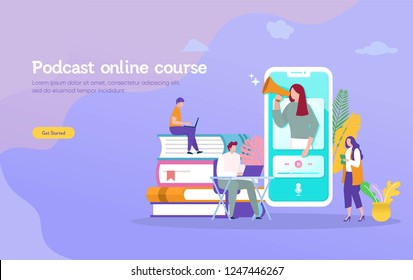 Online Podcast Course Vector Illustration Concept, People Learning On Laptop And Smartphone Study On Podcast, 
Can Use For, Landing Page, Template, Ui, Web, Mobile App, Poster, Banner, Flyer