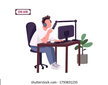 Online podcast host flat color vector faceless character. Caucasian guy with headphones and microphone isolated cartoon illustration for web graphic design and animation. Internet radio DJ