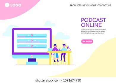 Online podcast illustration concept. People working together for creating podcast. Webinar, online training, radio