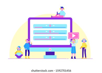Online podcast illustration concept. Young people in headphones listening to music. Webinar, online training, radio