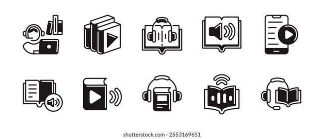 online podcast play audio book line icon set digital book music sound earphone steam media education signs vector illustration