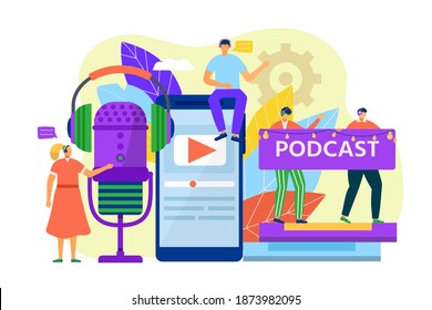 Online Podcast With Radio Microphone, Audio Technology At Smartphone Vector Illustration. People Voice Communication At Mobile Phone. Man Woman Speaker At Digital Multimedia Broadcasting.