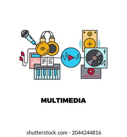 Online podcast. Radio music web service, headphones microphone outline icons. Musical app vector concept