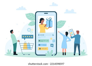 Online podcast of shopping news with mobile app, ecommerce vector illustration. Cartoon tiny people listen interview of girl with gift on screen of phone, characters podcasting and listening blog