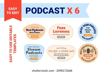 Online podcast sticker, live stream element set. Free listening music offer, vector illustration isolated on white collection. Editable pattern with broadcast music show sign concept