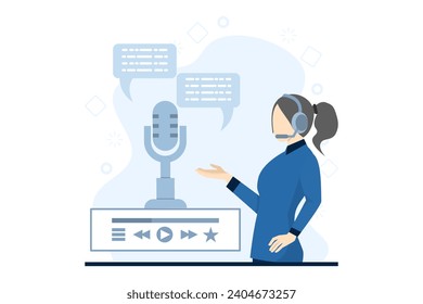 Online Podcasting Concept, Characters Listening to Podcasts on Mobile Application. Online Radio Show. Audio podcasts. blogging, podcasting, podcast app. Vector illustration for Web Design.