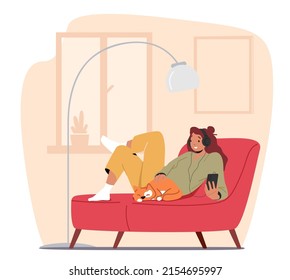 Online Podcasting, Radio Show Broadcasting Concept with Female Character Listen Audio Podcast. Woman Sitting with Phone Choosing or Listening Podcast in Mobile App. Cartoon People Vector Illustration