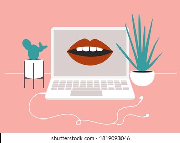 Online podcasting show, radio broadcasting, blogging concept. Streaming media on a laptop. Mouth speaking from a screen. Listening to audio on the Internet via earphones. Flat vector illustration