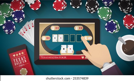 Online poker app with hand touching on tablet touch screen, smart phone, cards and chips all around