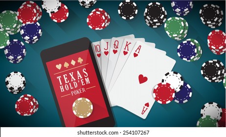 Online poker app with hand touching on tablet touch screen, smart phone, cards and chips all around