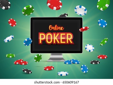 Online poker banner with a computer monitor and falling chips. Vector illustration.