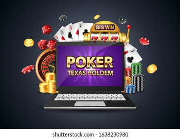 Online Poker casino banner with a computer, Vector illustration