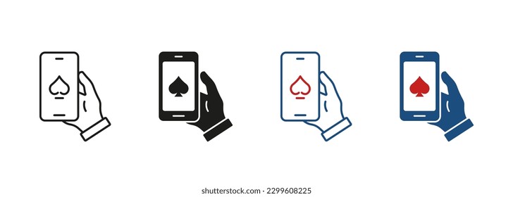 Online Poker Club auf dem Handy Piktogramm. Internet Casino in Handy Line und Silhouette Icon Set. Erfolg, Lucky, Jackpot in Gambling Symbol Collection. Einzelne Vektorgrafik.