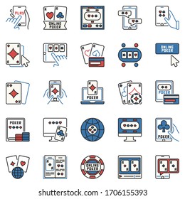 Online Poker colored vector concept icons collection. Internet Texas hold'em game symbols