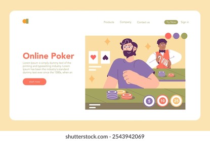 Conceito de Poker Online. Uma cena animada de mesa de poker digital com um jogador e negociante interagindo. Chips, placas e elementos de interface do usuário. Ilustração vetorial.