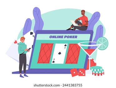 Online poker concept. Men with playing cards and hourglasses. Gambling and games for fortune and luck. Young guys in casino. Cartoon flat vector illustration isolated on white background