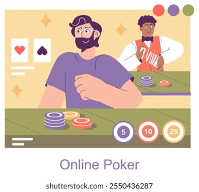 Conceito de Poker Online. Um jogador envolvido em um jogo de cartas digitais com um revendedor virtual. Jogos interativos, fichas de cassino e símbolos de naipe de cartas. Ilustração vetorial.