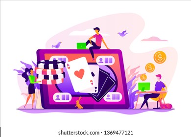 Online poker, internet gambling, online casino rooms and online poker table concept. Vector isolated concept illustration with tiny people and floral elements. Hero image for website.