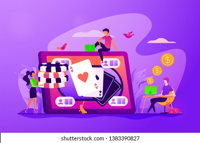 Online poker, internet gambling, online casino rooms and online poker table concept. Vector isolated concept illustration with tiny people and floral elements. Hero image for website.