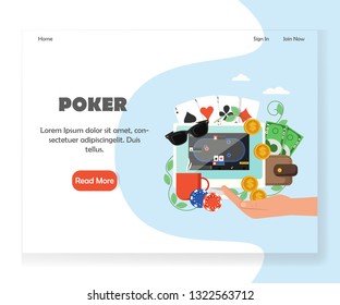 Online poker landing page template. Vector flat style design concept for internet poker gambling website and mobile site development.