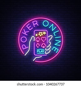 Online Poker logo in neon style. Design a smartphone template in your hands. Neon sign, light banner, night neon billboard, bright light advertising gambling, casino, poker. Vector illustration