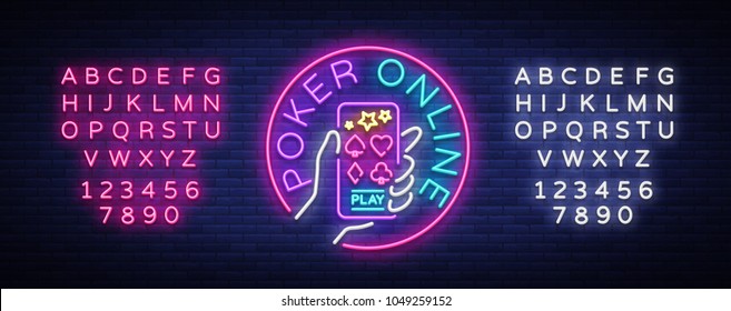 Online Poker Logo im Neon Stil. Entwerfen Sie eine Smartphone-Vorlage in Ihren Händen. Neon-Schild, heller Banner, helles Licht Werbung Glücksspiel, Casino, Poker. Vektorgrafik. Bearbeiten von Neonzeichen