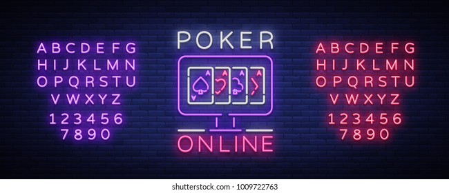 El póquer en línea es un signo de neón. Símbolo de logotipo en estilo neón svityaschysya banner banner noche brillante, neon poker brillante, casino de juego. Juega dinero en línea. Ilustración vectorial. Editar signo de neón de texto