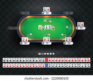 Online poker room with full deck of playing cards and poker chips. Texas Hold'em online game  concept illustration. Realistic poker table vector illustration.