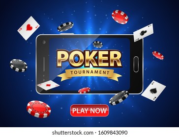 Online poker tournament background design with a mobile phone. Poker banner with chips and playing cards. Vector illustration
