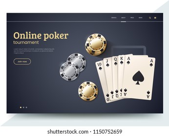 Online poker tournament landing page template. Playing cards with gold and silver chips. Vector illustration for internet casino. Modern web page interface design for gambling. Eps 10.