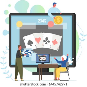 Online poker, vector flat style design illustration. Internet poker casino gambling concept with tiny characters players and big computer monitor with playing cards on screen.