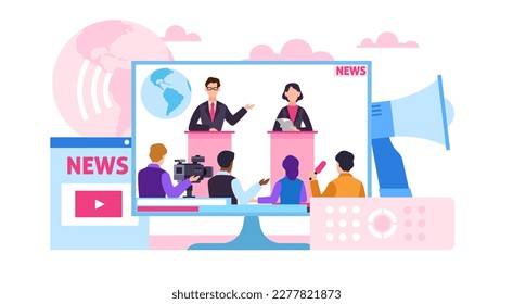 Online political news broadcasts, politicians speaking in public presenting their speech. Debates or interview translation. Virtual performance cartoon flat isolated illustration. Vector concept